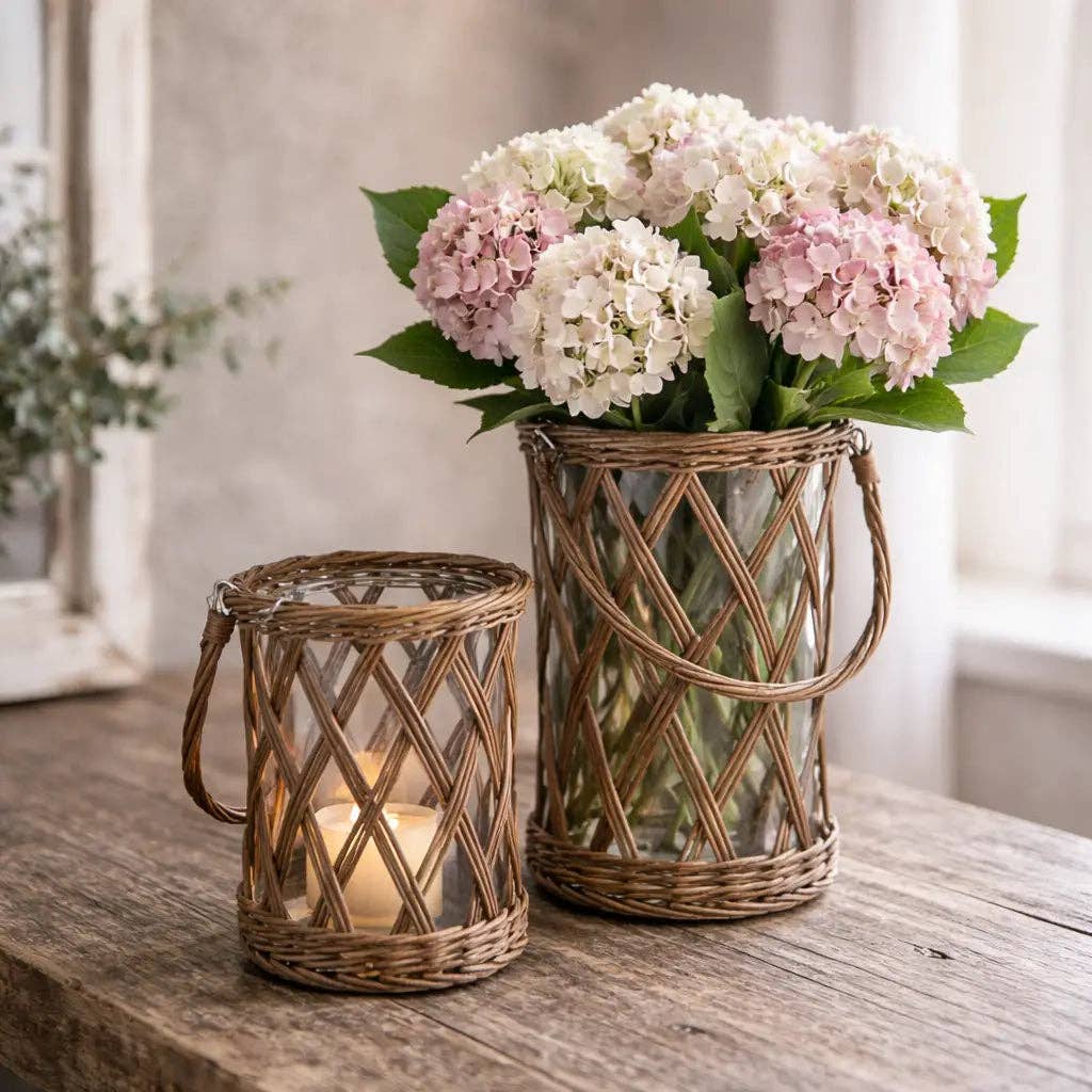 Classic Glass and Wicker Hurricane / Vase