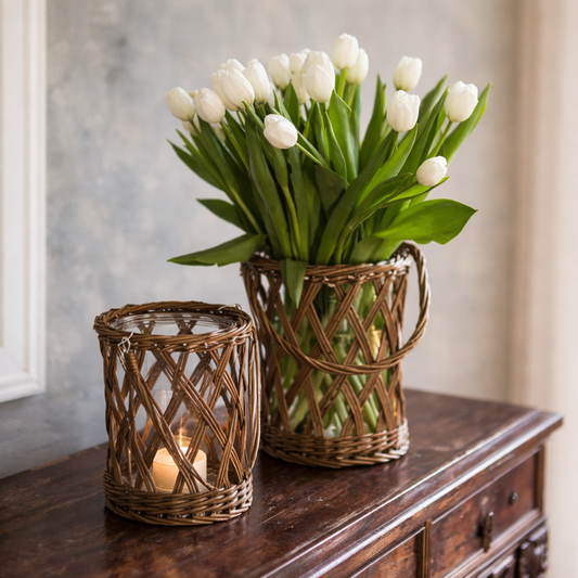 Classic Glass and Wicker Hurricane / Vase