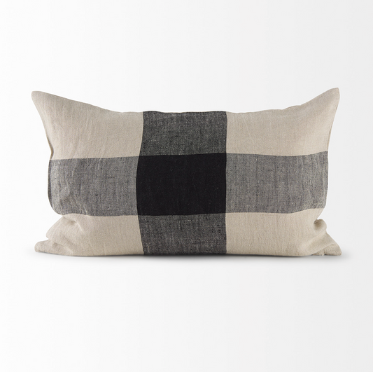 Black and Beige Plaid Throw Pillow, Lumbar