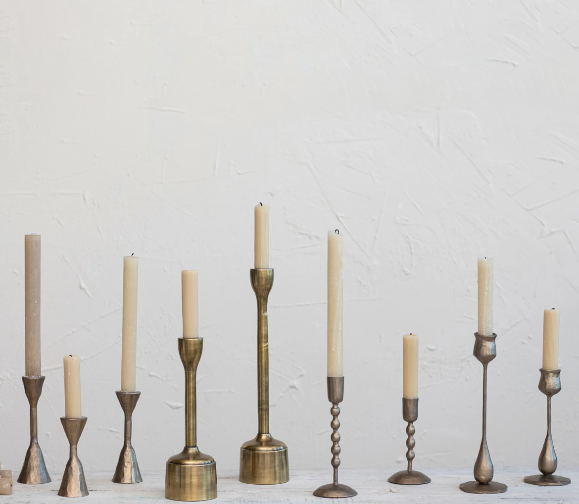 Hand Forged Beaded Stem Antique Brass Taper Holders