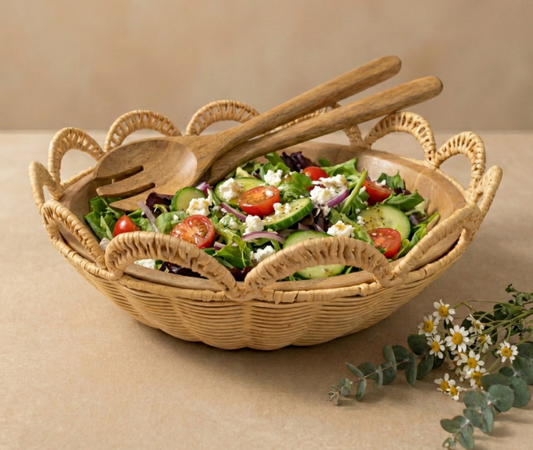 Rattan and Wood Salad Serving Bowl