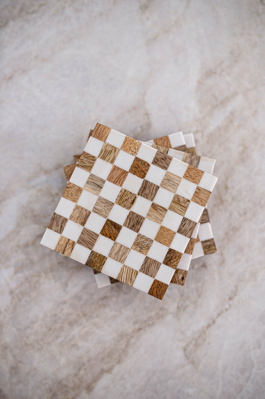 Checkered Wood & Resin Coasters - Set of 4