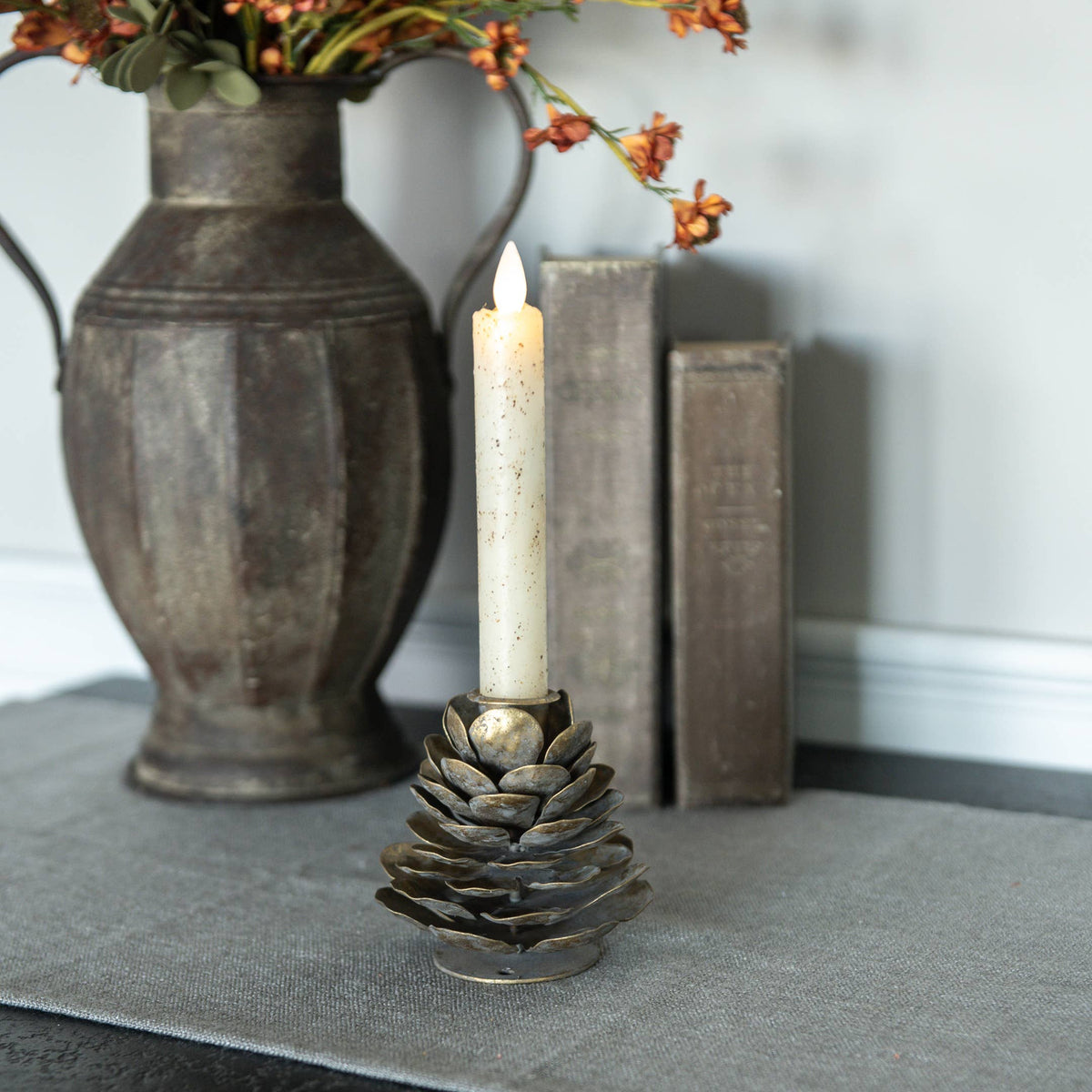 Aged Brass Pinecone Taper Candle Holder