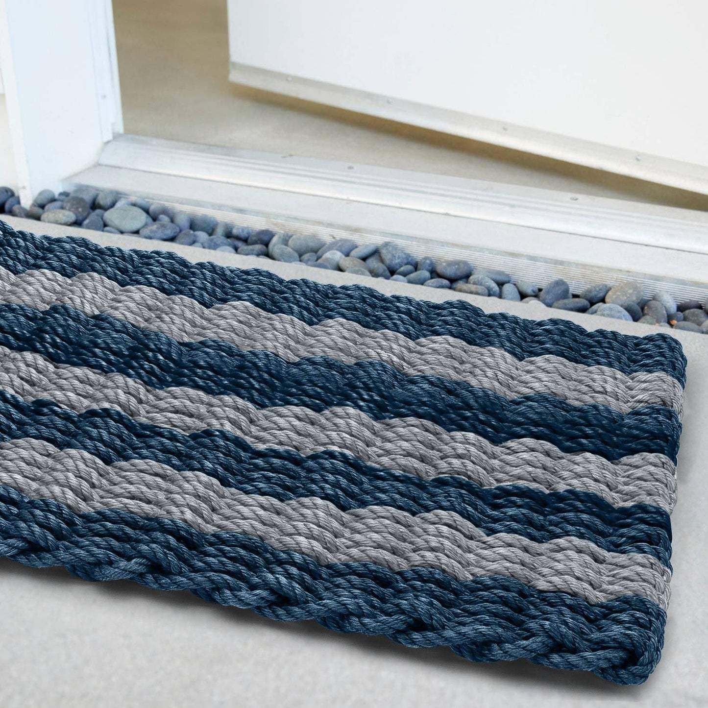 Lobster Rope™ Outdoor Doormat: Navy & Silver Cabana Stripes