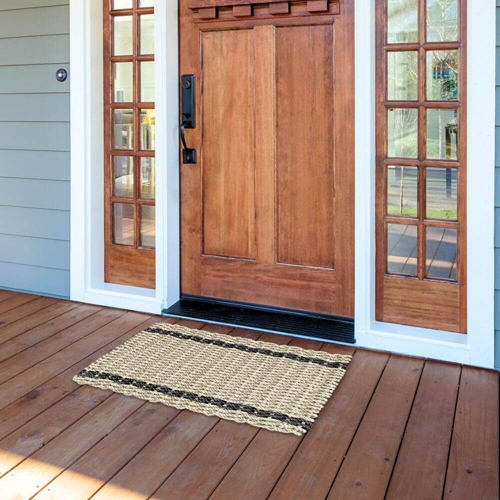 Lobster Rope™ Outdoor Doormat: Sand & Black Tailored Stripes