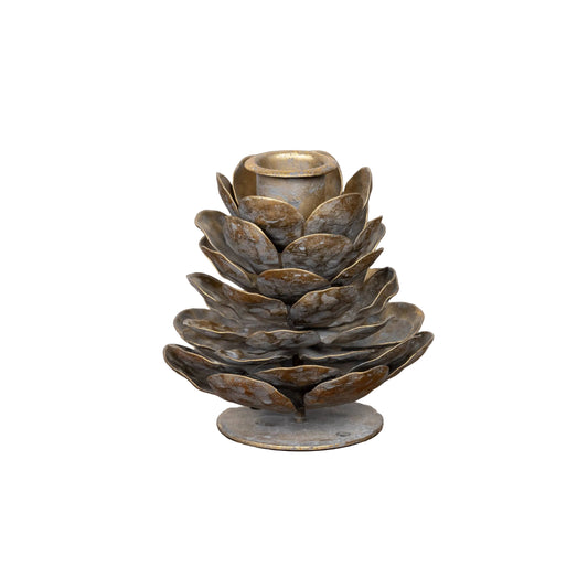 Aged Brass Pinecone Taper Candle Holder