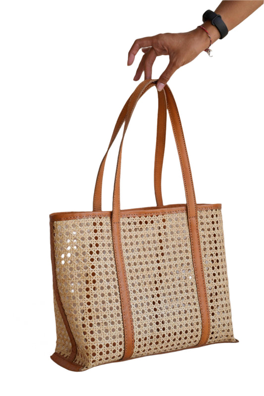 Handmade Cane Woven and Leather Tote Bag