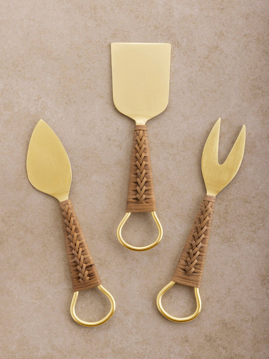 Rattan Handle Cheese Knives, Set of 3