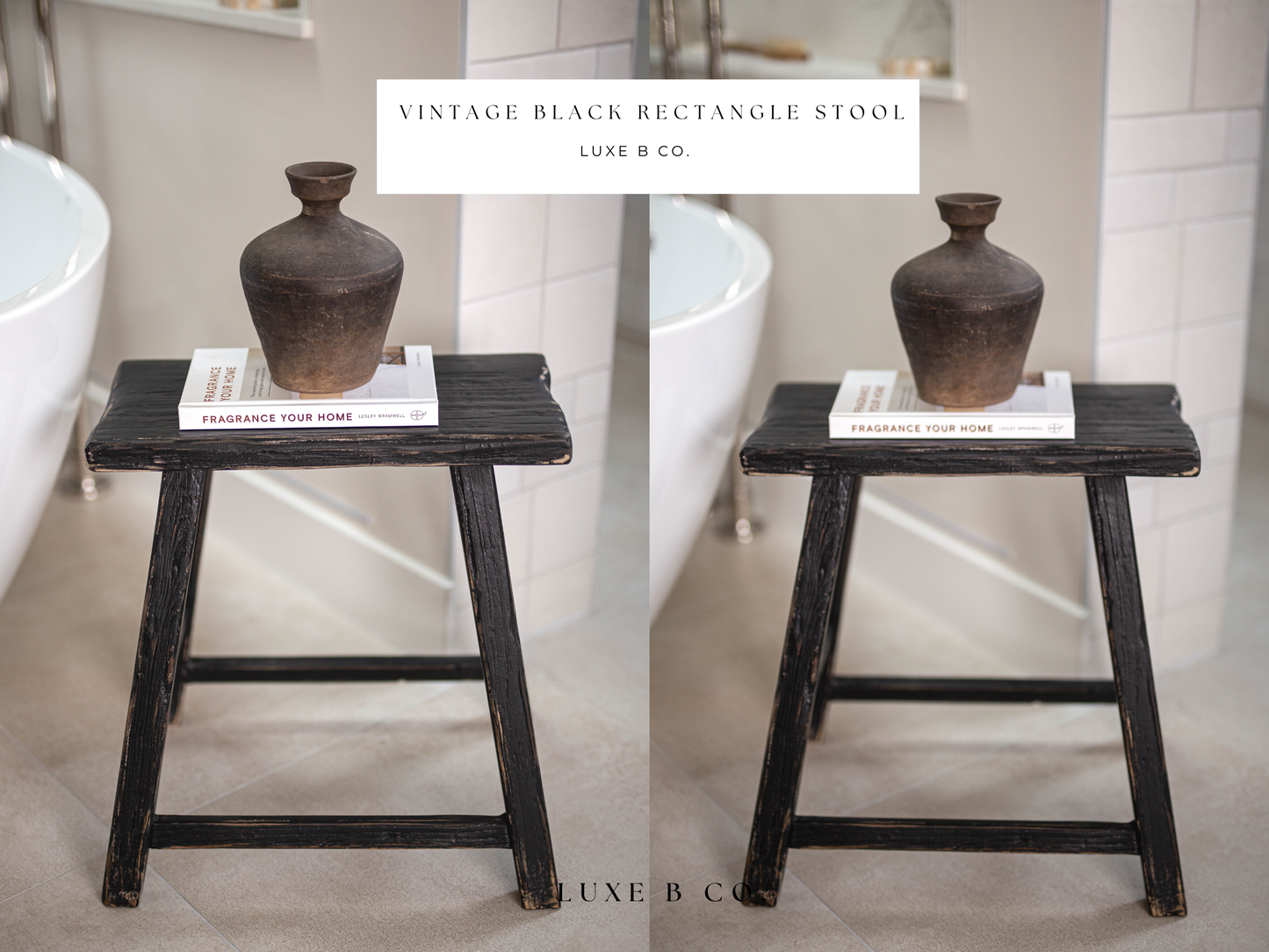 Vintage Square Elm Wood Stool Bench Black