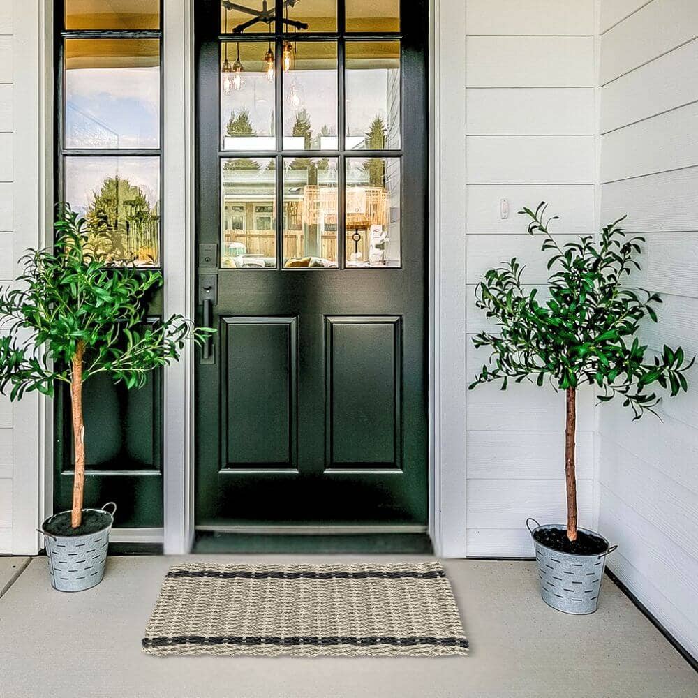 Lobster Rope™ Outdoor Doormat: Sand & Black Tailored Stripes