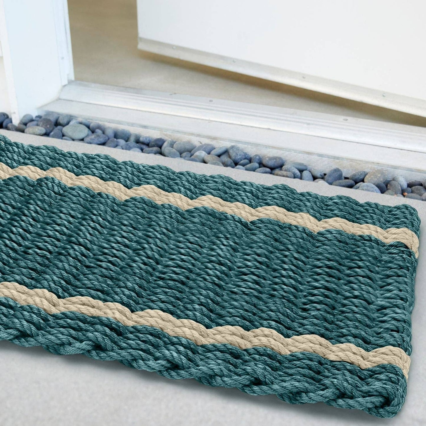 Lobster Rope™ Doormat: Spruce & Light Tan Tailored Stripes
