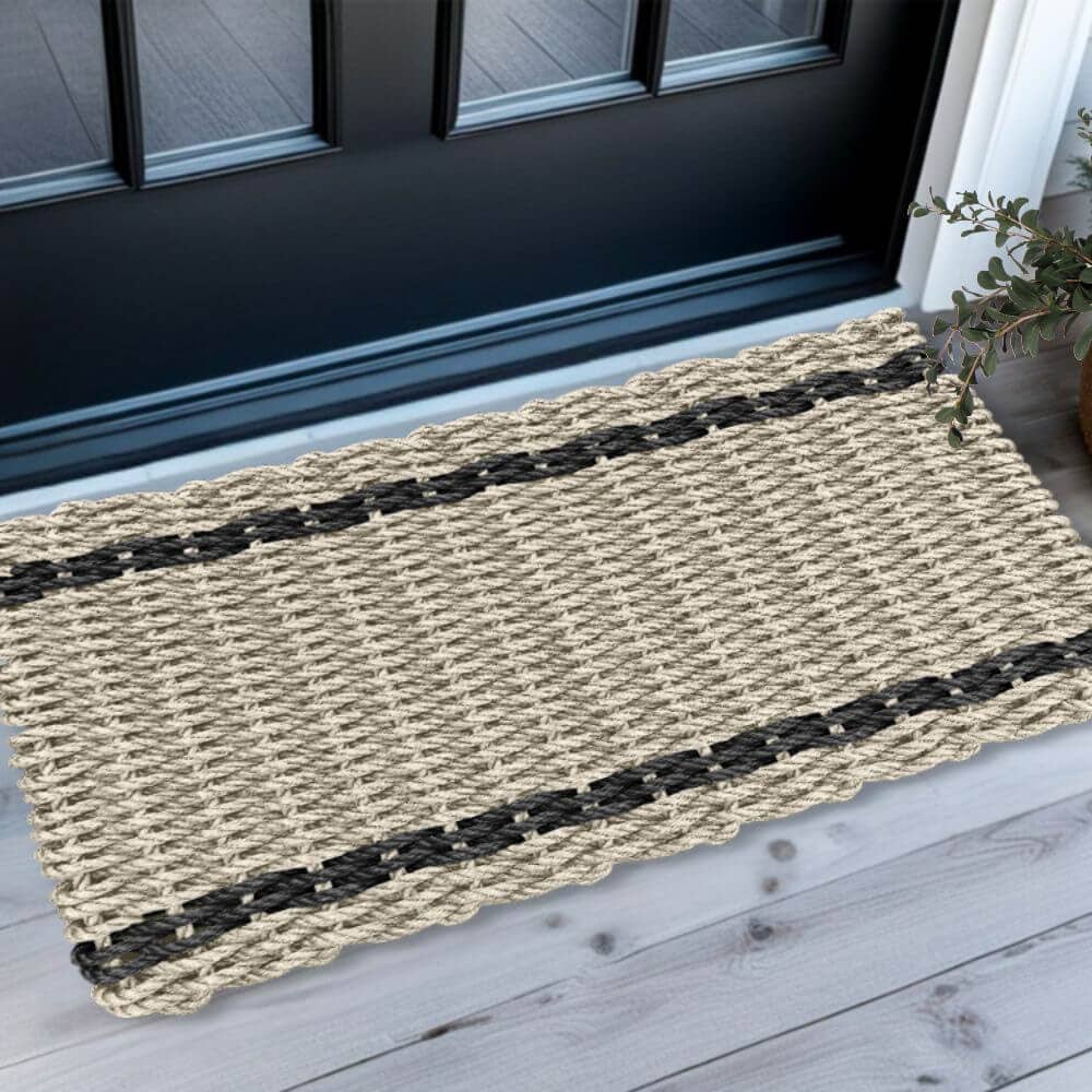 Lobster Rope™ Outdoor Doormat: Sand & Black Tailored Stripes