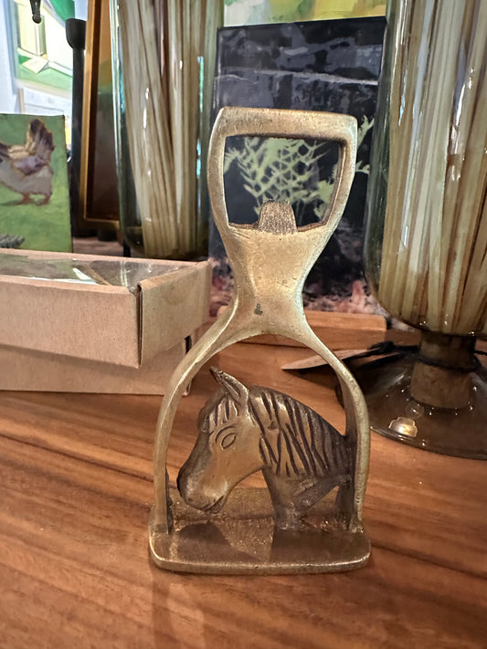 Vintage Solid Brass Bottle Opener - Stirrup with Horse