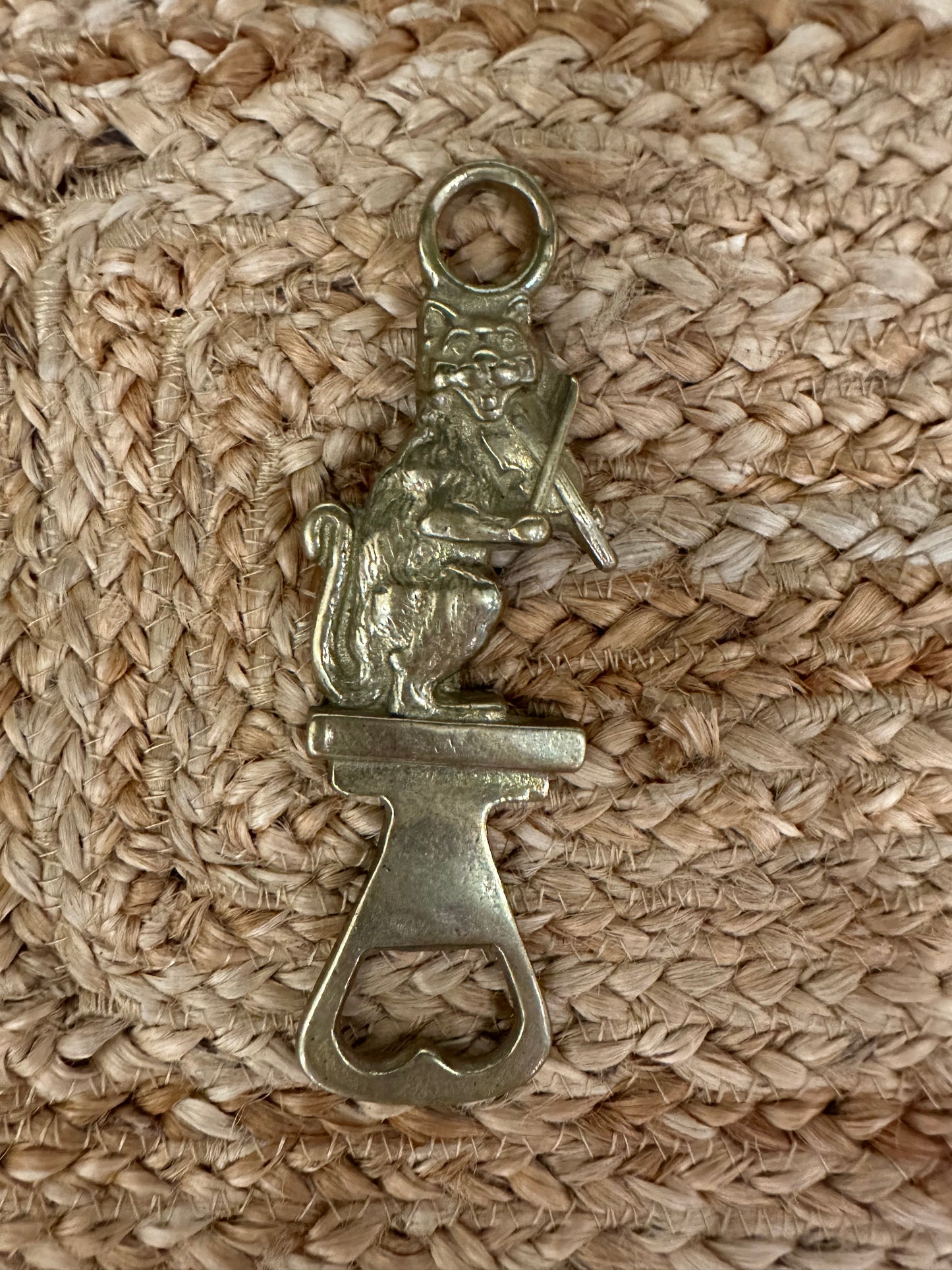 Vintage Solid Brass Bottle Opener - Cat Playing Violin