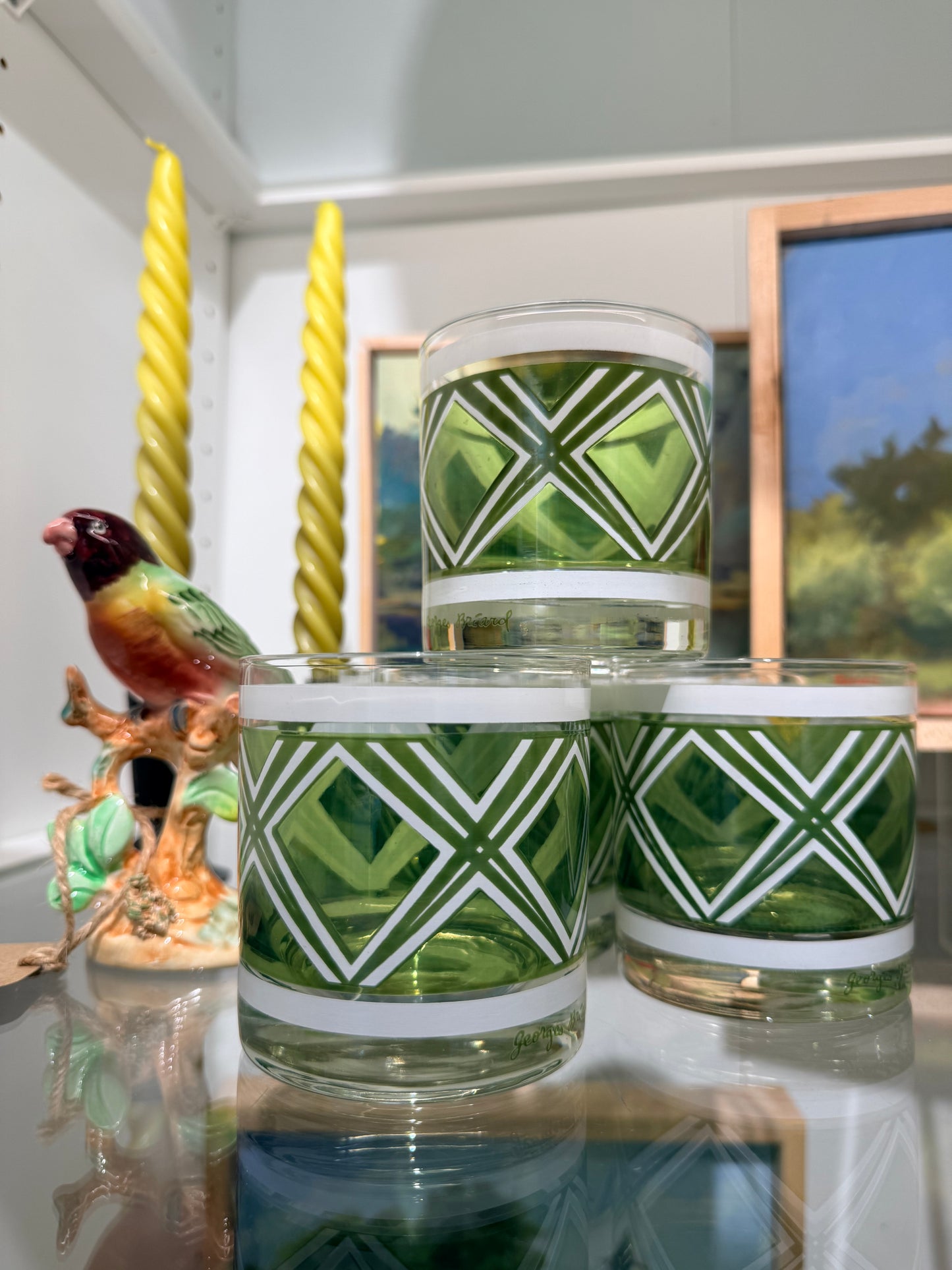 Vintage Georges Briard Green + White Plaid Lowball Glasses - Set of 6