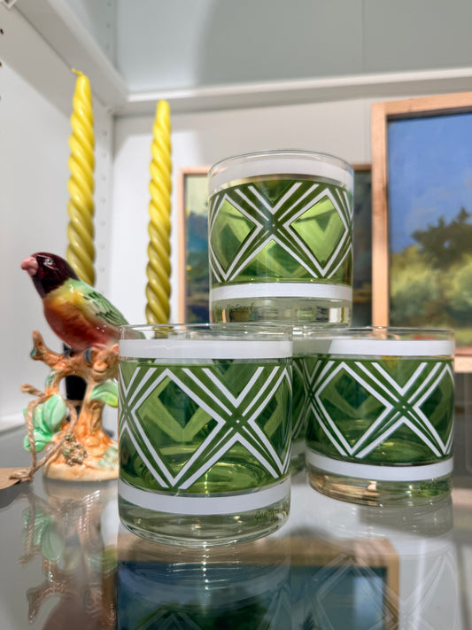 Vintage Georges Briard Green + White Plaid Lowball Glasses - Set of 6