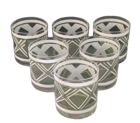 Vintage Georges Briard Green + White Plaid Lowball Glasses - Set of 6