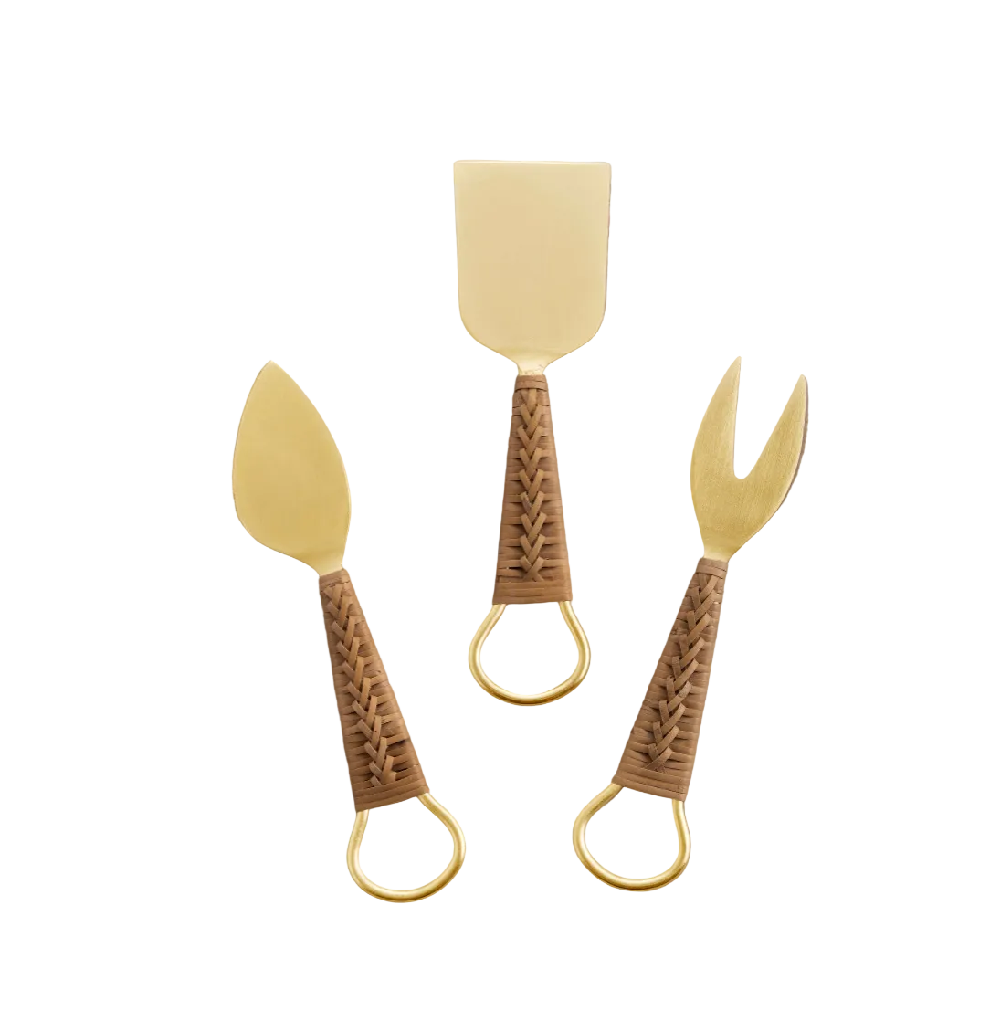 Rattan Handle Cheese Knives, Set of 3