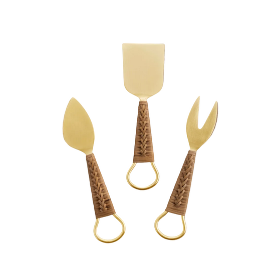 Rattan Handle Cheese Knives, Set of 3