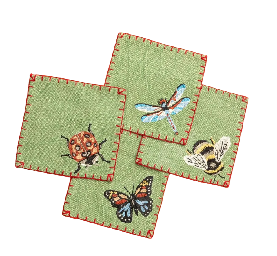 Embroidered Bugs Cocktail Napkins - Set of 4