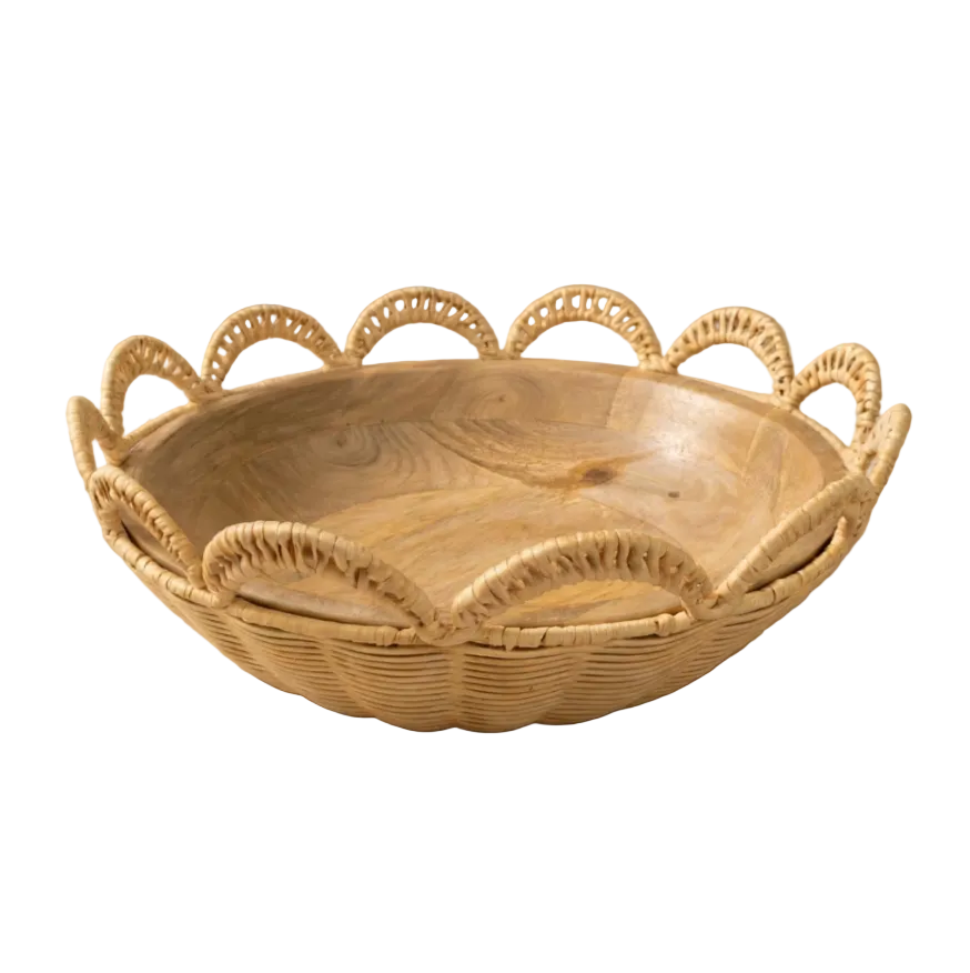 Rattan and Wood Salad Serving Bowl