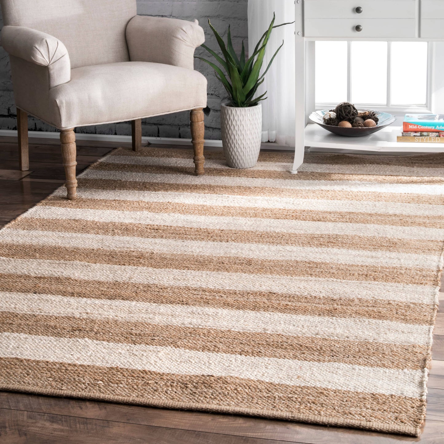 Jute Area Rug - Flatweave with Stripes